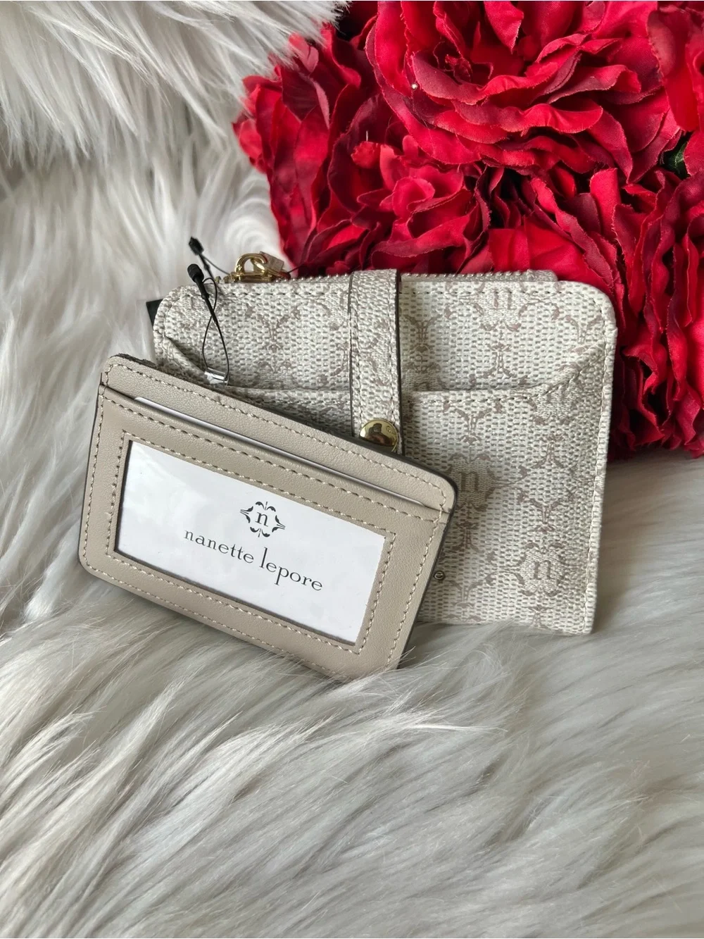 NWT Nanette Lepore Beige Monogram Card Case Wallet